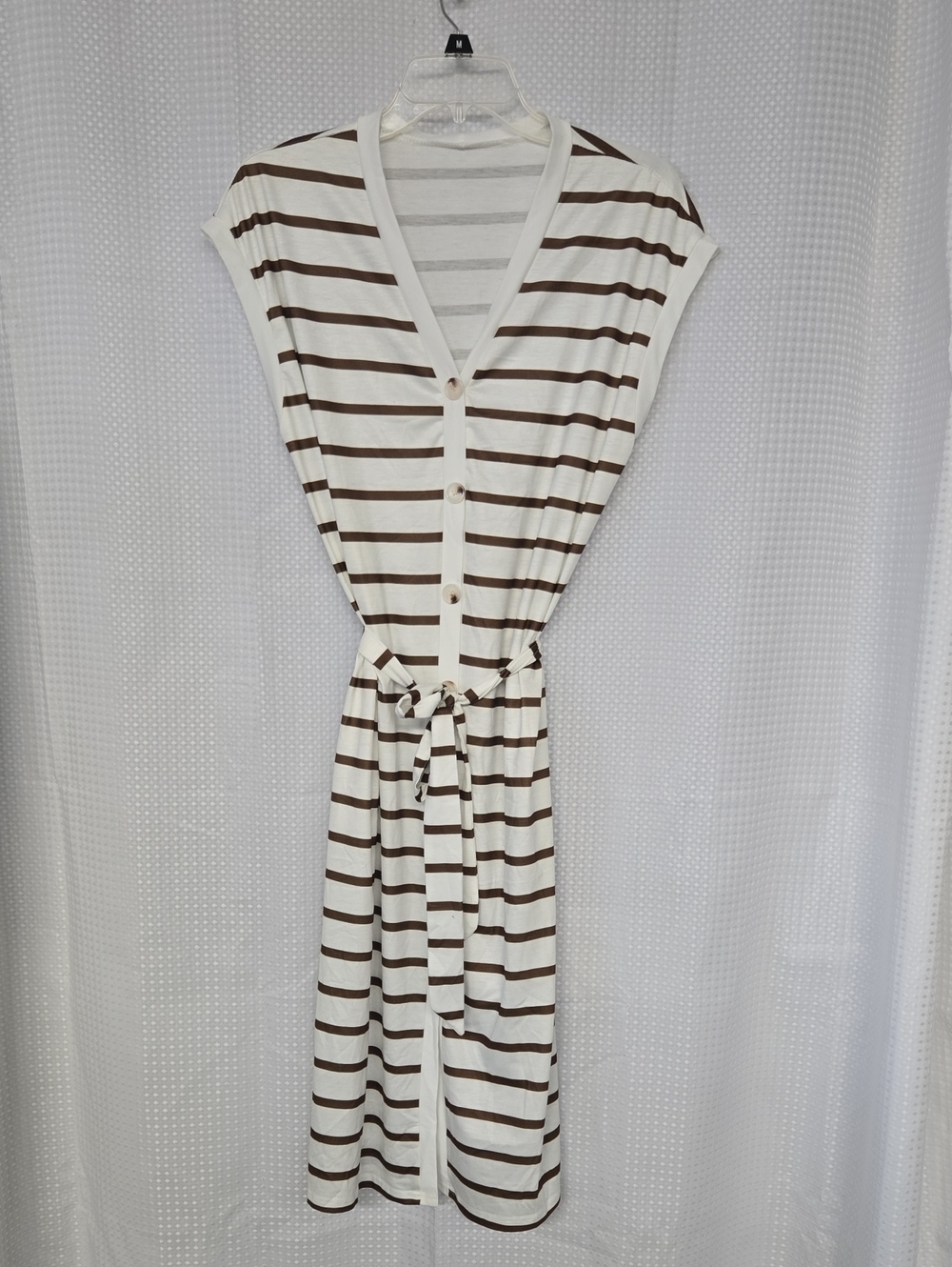 Women’s Striped Button-Front Dress with Tie Waist - White & Brown. W/ Side Slits